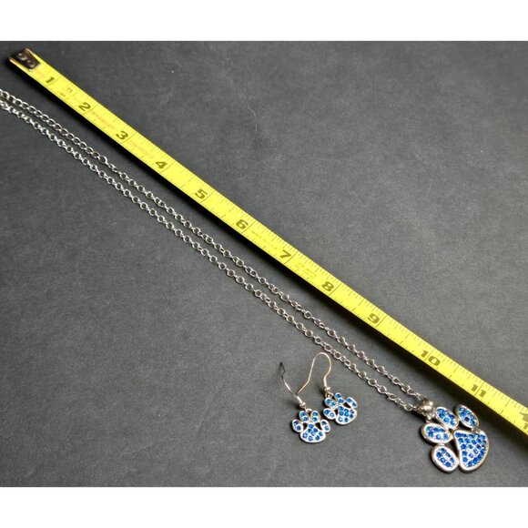 Blue Rhinestone Paw Pendant Necklace & Earrings Set Silver Tone Fashion Jewelry - Picture 4 of 6